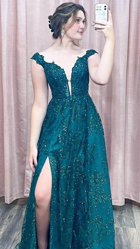 Off Shoulder Green Lace Sequins Long Prom Dress with High Slit, Off the Shoulder Green Formal Dress, Green Lace Evening Dress gh2214