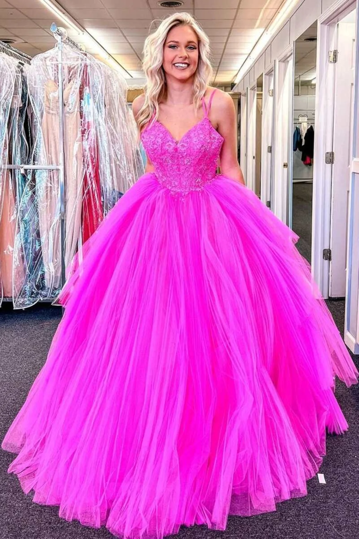 Robe de soirée longue en tulle et dentelle fuchsia à col en V, robe de soirée formelle en dentelle fuchsia, robe de bal fuchsia gh2562