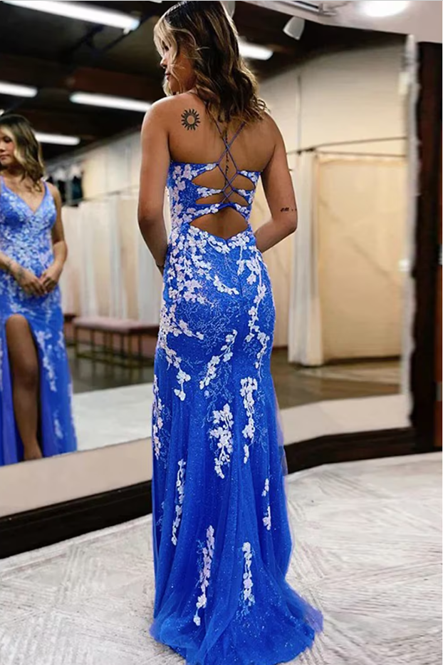 Blaues Ballkleid-Abendkleid mit V-Ausschnitt und langem Schlitz, bedruckt, bestickte Spitze, gh2240