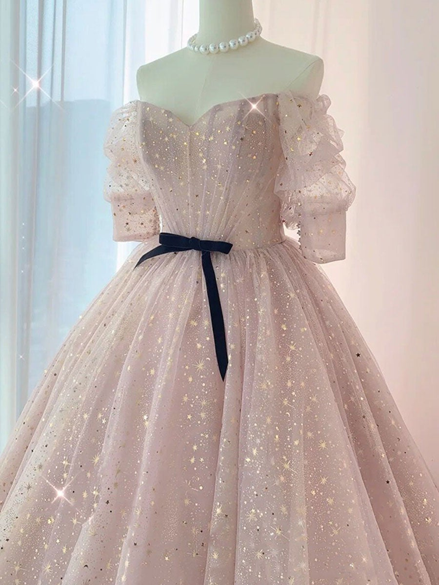 Champagne tulle long prom dress, tulle long evening dress gh2260