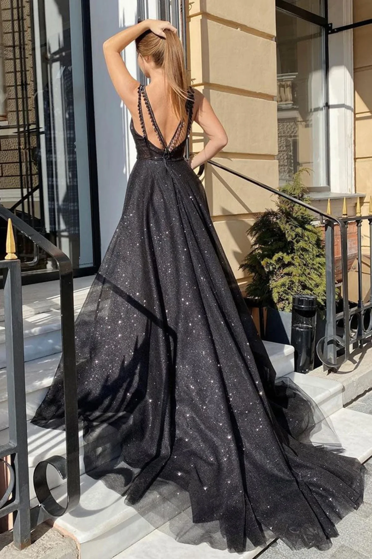 Shiny Tulle V Neck Open Back Black Long Prom Dresses with High Slit, Sparkly Black Tulle Formal Graduation Evening Dresses gh2172