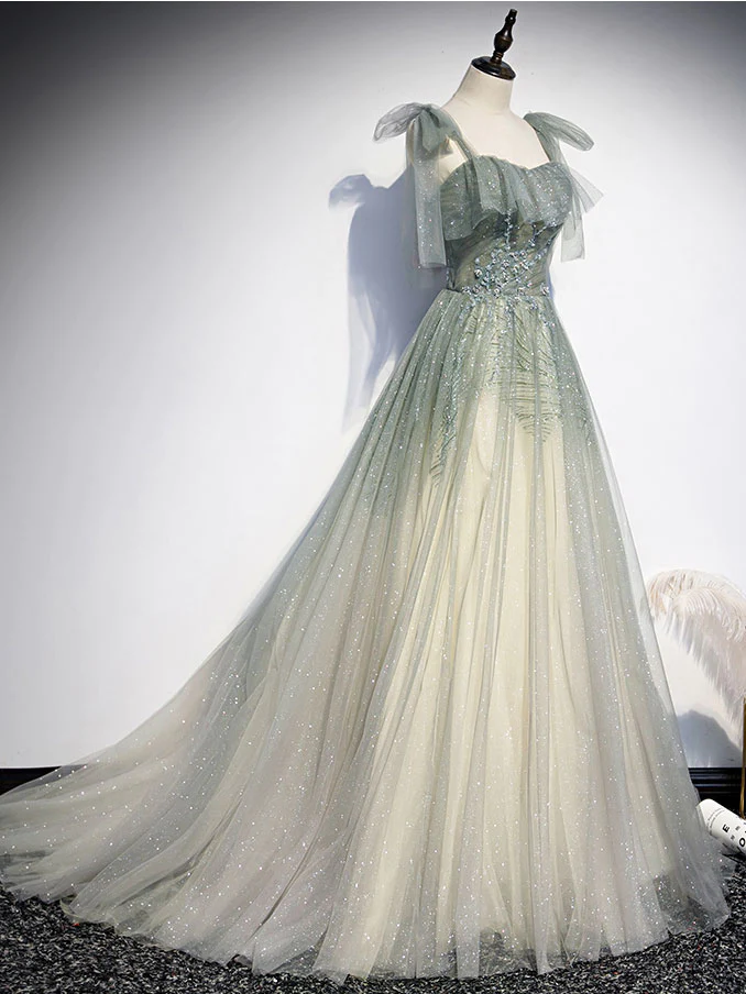 Gray Green Tulle Sequin Beads Long Prom Dress, Green Evening Dress gh2132