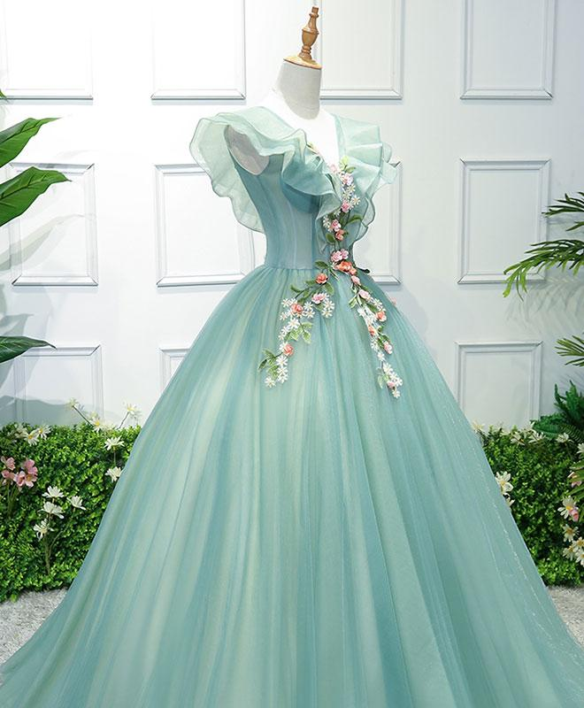 Green V Neck Tulle Long Prom Dress, Formal Dresses, Green Evening Dress gh2194