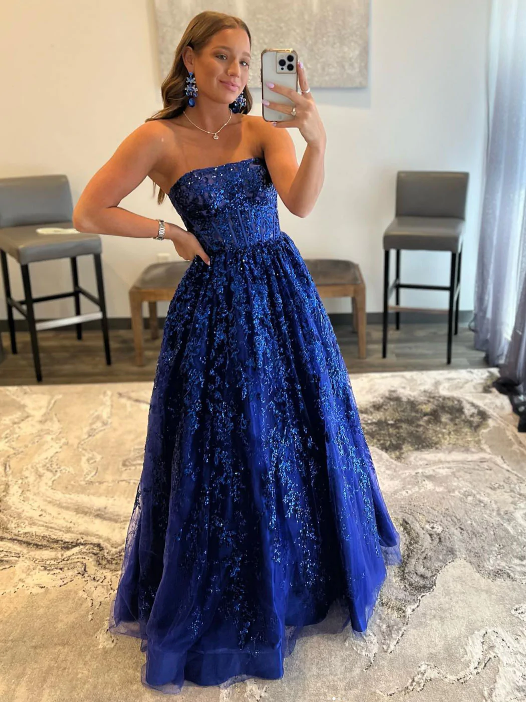 Robe de soirée longue en tulle bleu à paillettes, robe de soirée en tulle bleu gh2213