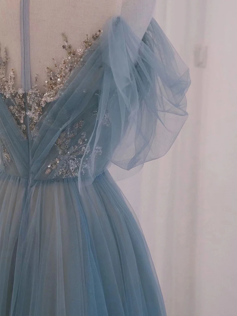 A-Linie U-Ausschnitt Tüll Grau Blau Langes Ballkleid mit Pailletten gh2638