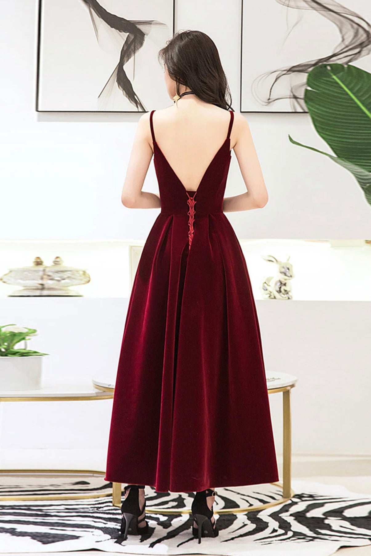 Burgundy velvet short prom dress homecoming dress 8654