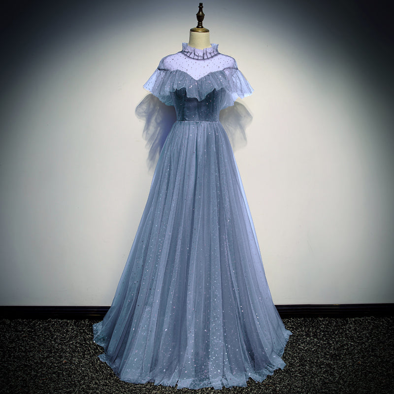 Elegant tulle round neck long prom dress, evening dress 8110