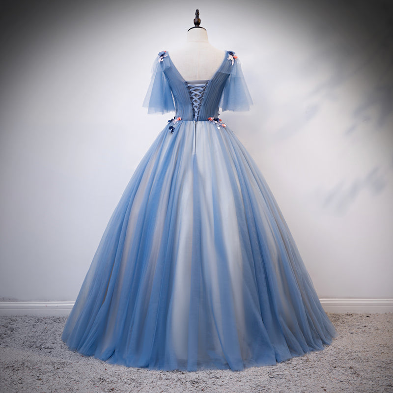 Blue v neck tulle lace long prom dress formal gown 8214