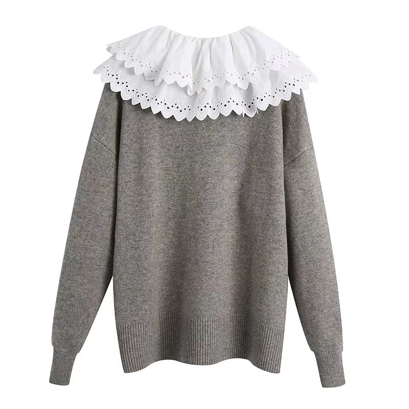 Neuer Wollpullover mit abnehmbarem Kragen und süßer Spitzennaht 7711