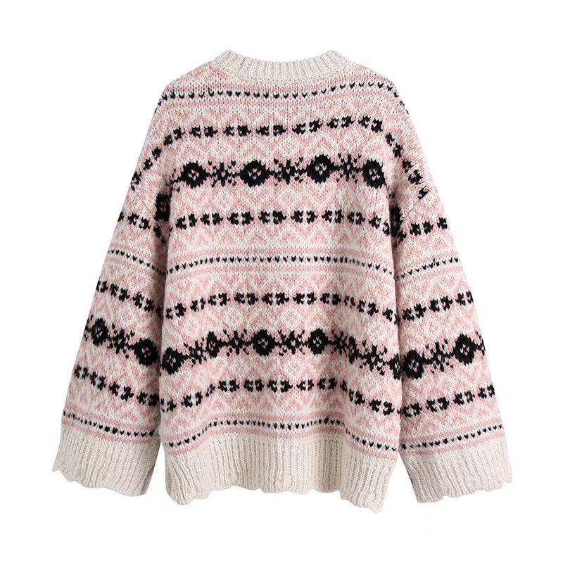 Vielseitiger lockerer Jacquard-Pullover mit Seitenschlitz 7725