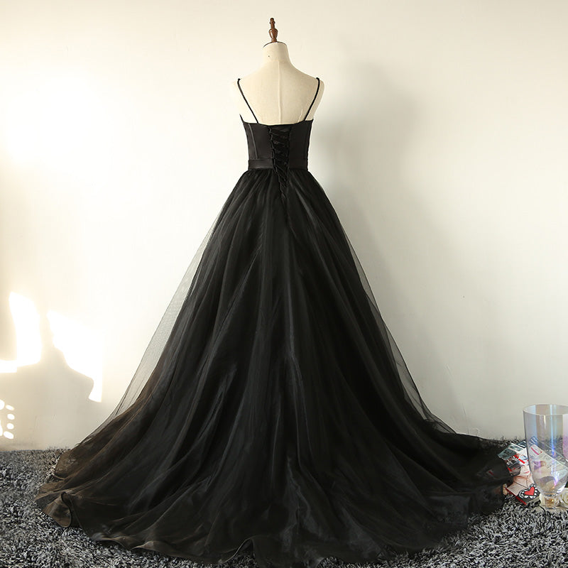 Black tulle long prom dress, black evening dress 8037