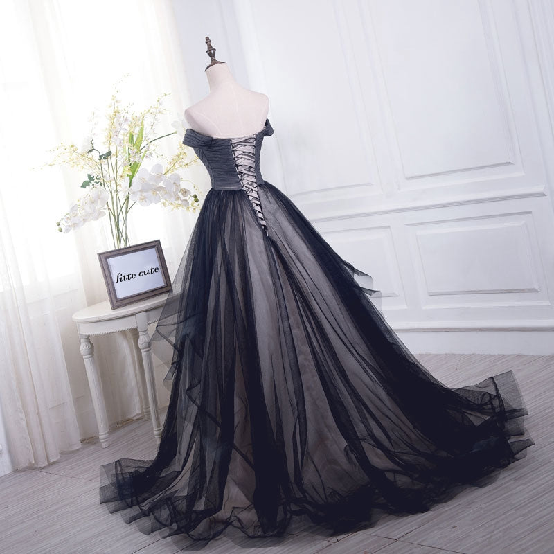 Black tulle off shoulder long prom dress, black evening dress 7899