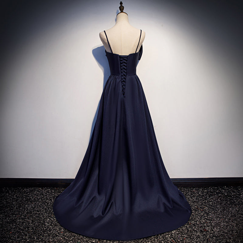 Dark blue satin long prom dress, simple evening dress 8074