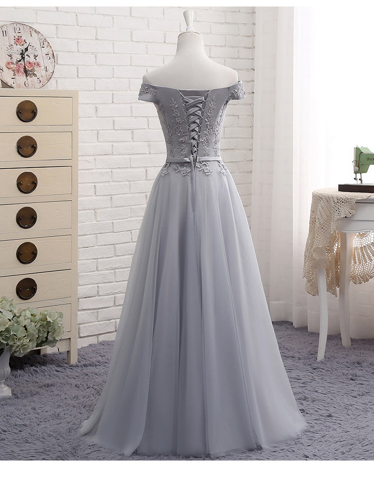 Cute A line gray lace off shoulder prom dress, cheap evening dresses 7792