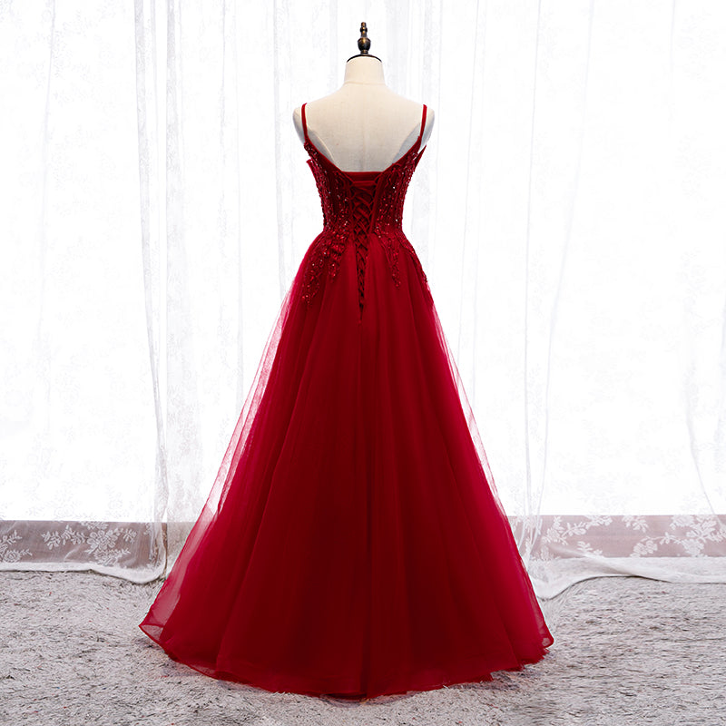Robe de bal longue en tulle et dentelle bordeaux 8316
