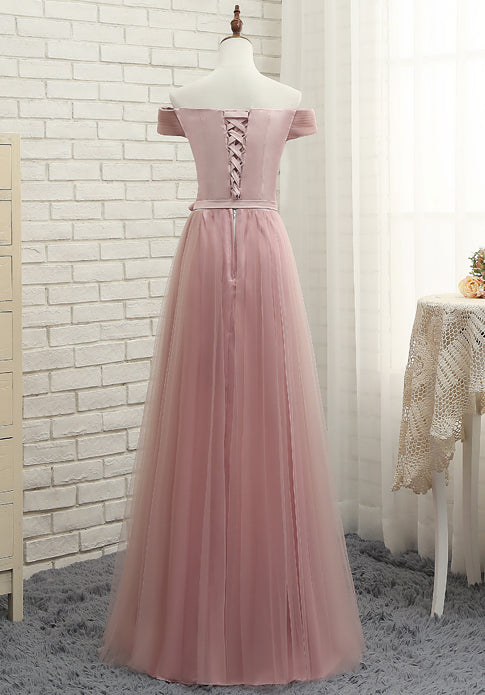 Pink tulle off shoulder A line long prom dress, pink evening dresses 7795