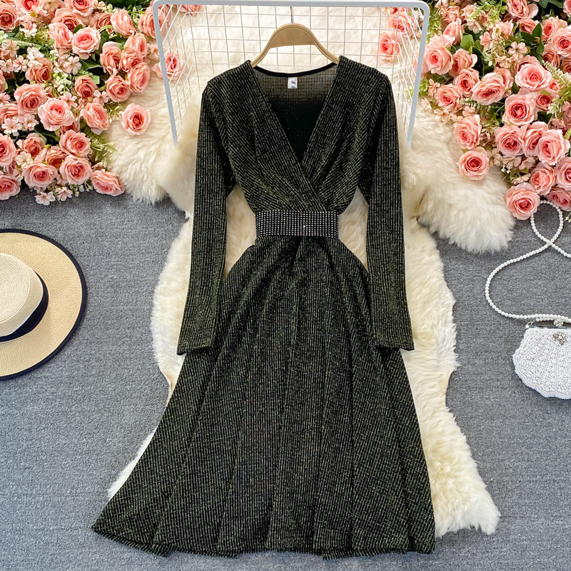 Elegant v neck long sleeve dress fashion dress 448