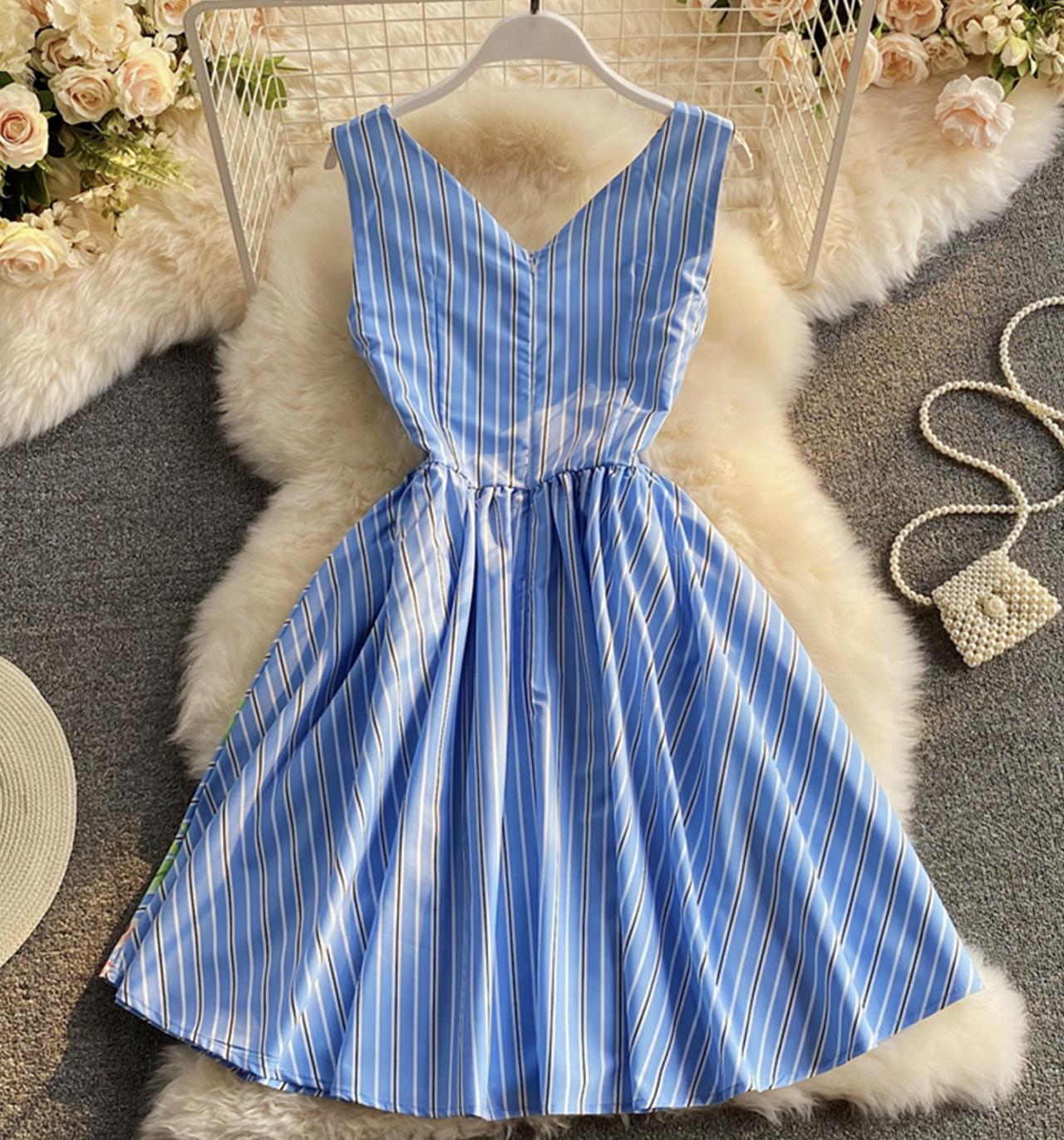 Blue v neck short dress fashion dress 694