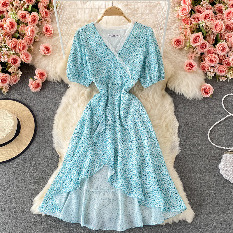 Blue floral high low A line dress fashion dress 532