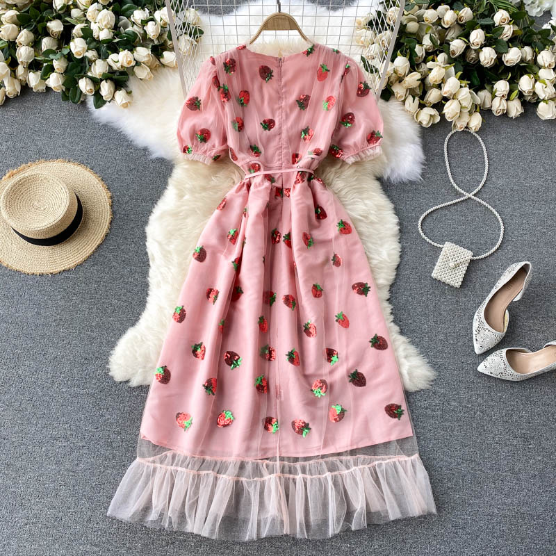 Pink v neck strawberry A line dress fashion dress 626