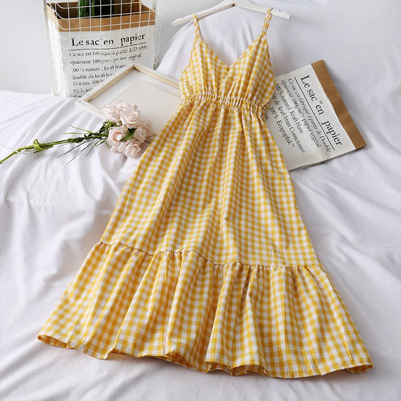 Cute v neck plaid dress A line fashion dress 500