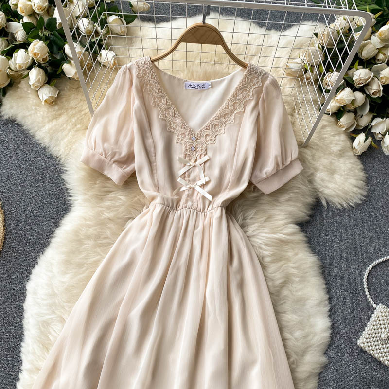 Sweet lace V-neck slim mid-length french gentle chiffon dress 609