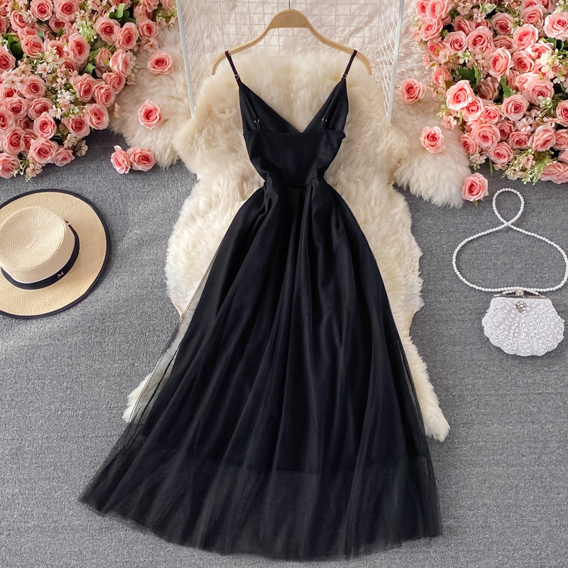 Black v neck tulle short dress A line fashion dress 496