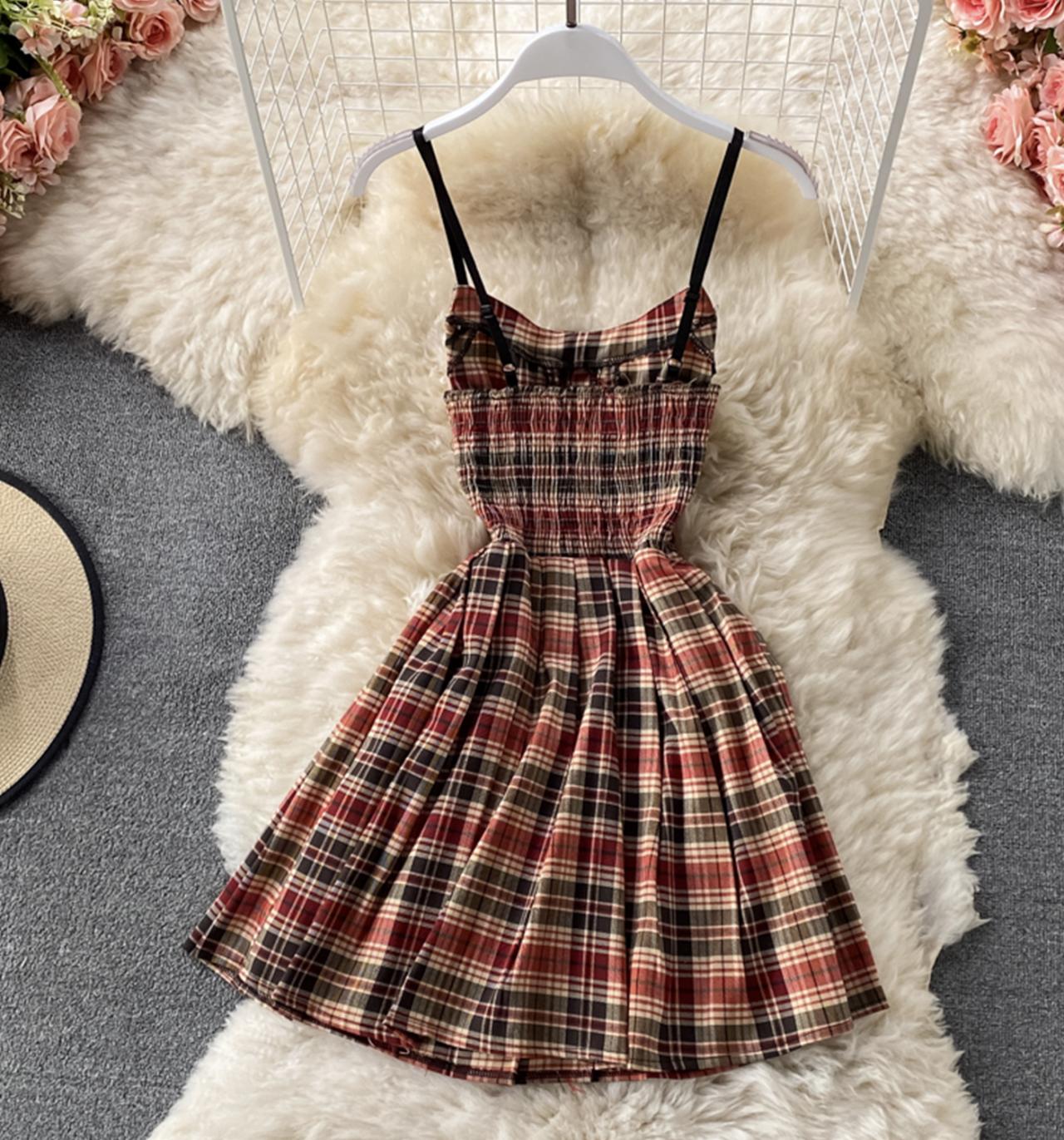Cute plaid short A line dress 679