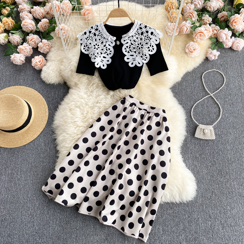 Cute knitted short-sleeved blouse for age reduction all-match polka-dot skirt fashion two-piece suit 598