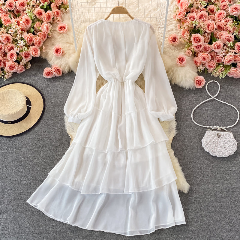 Robe blanche à manches longues et col en V, robe tendance 491
