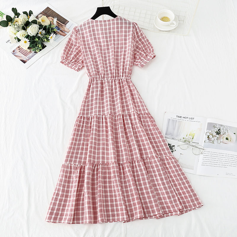 Cute plaid v neckline dress fashion dress 478