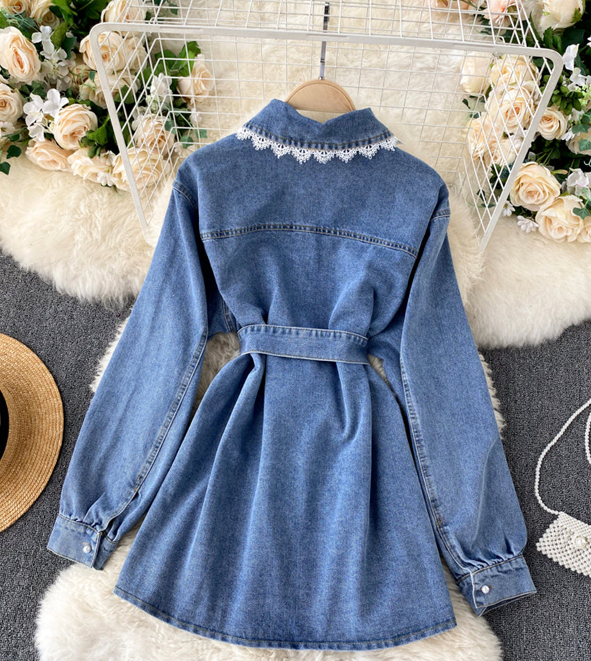Stylish denim lace long sleeve top 357