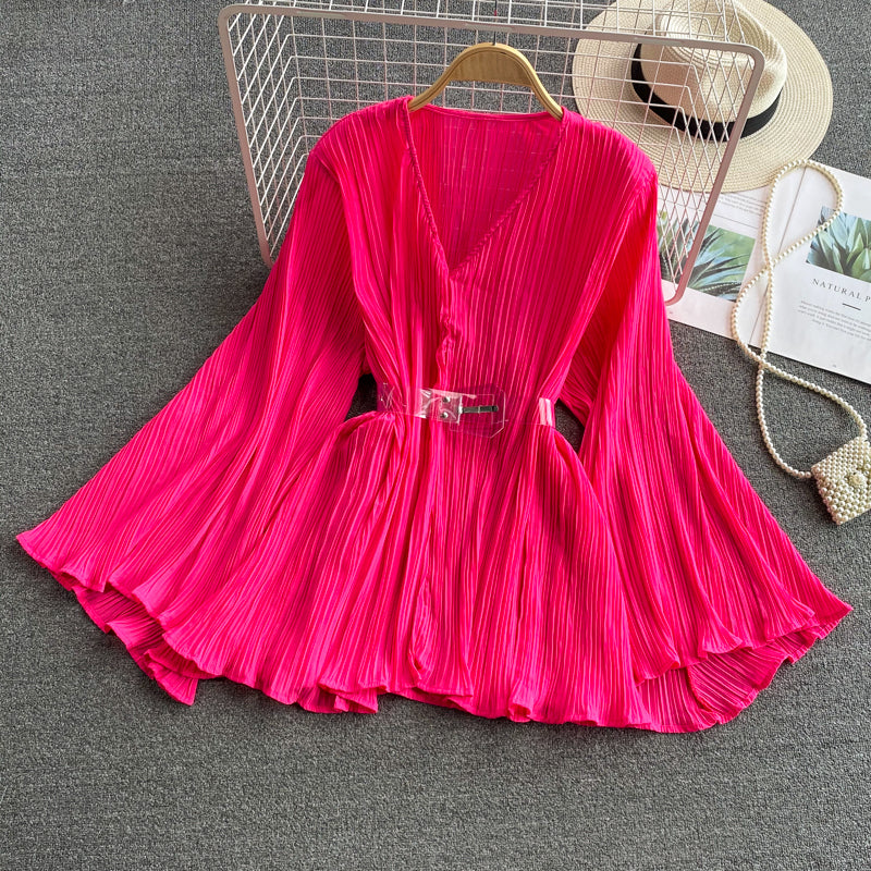 Neues Oberteil aus plissiertem Chiffon mit V-Ausschnitt und ausgestellten Ärmeln 312