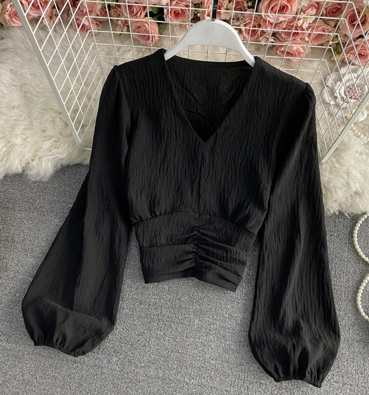 Simple v neck tops long sleeve tops 329