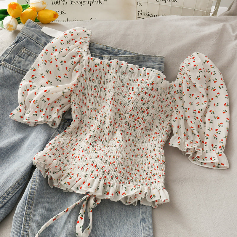 Süßes florales Crop-Top mit Kordelzug 293