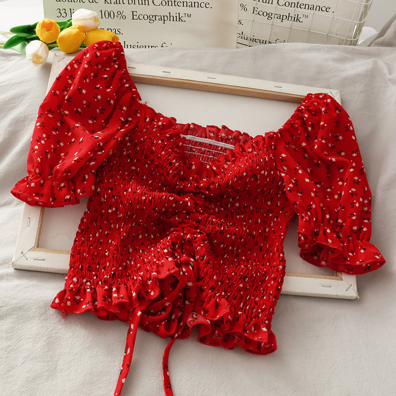 Cute floral drawstring crop top 293
