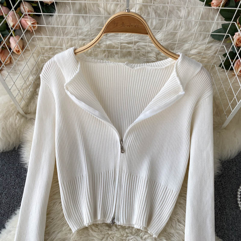 Simple striped long-sleeved hooded sweater short top 254