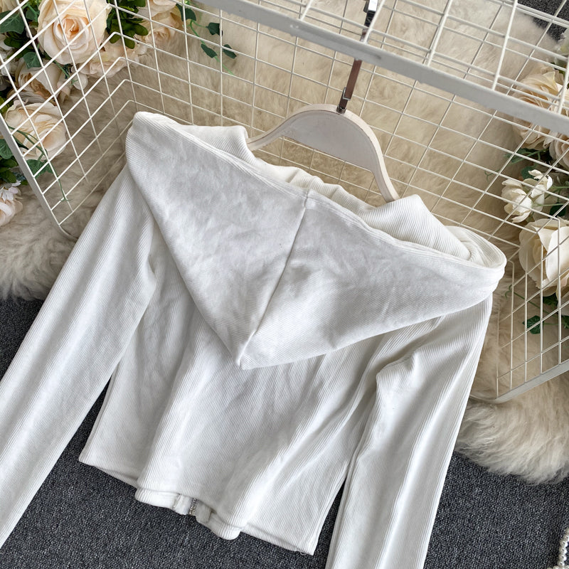 Fashionable autumn long-sleeved short jacket white hoodie 249