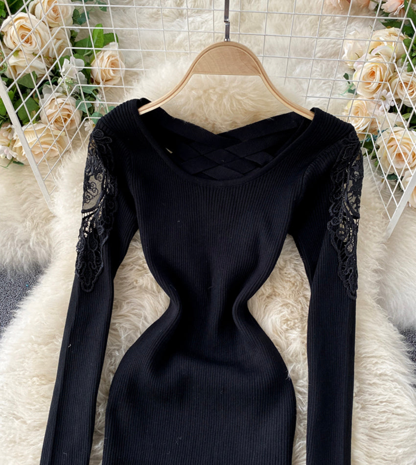 Sexy long sleeve knitted sweater lace panel sweater 191
