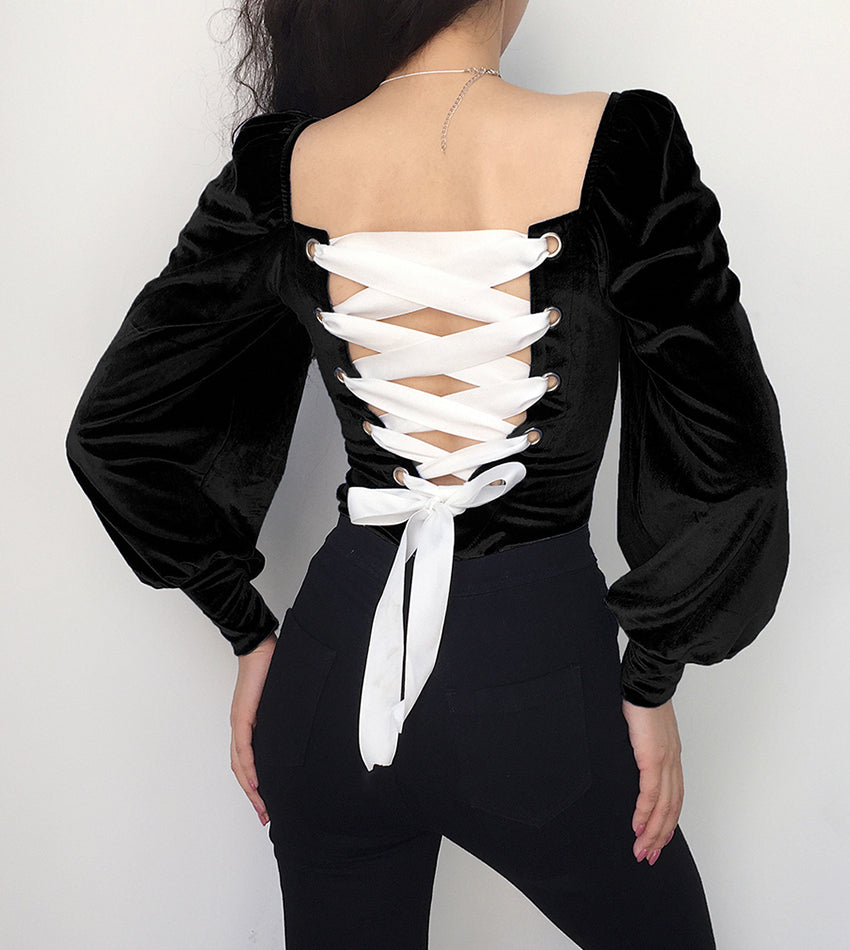 Romantic back tie one-piece top long sleeve velvet tops 387