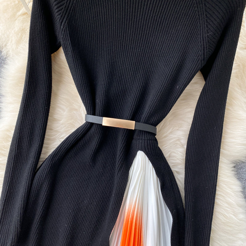 Black A line long sleeve dress knitted dress 163