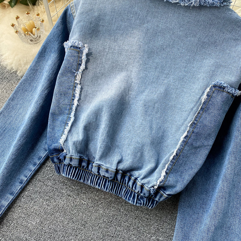 Chic denim long-sleeved cropped top 247