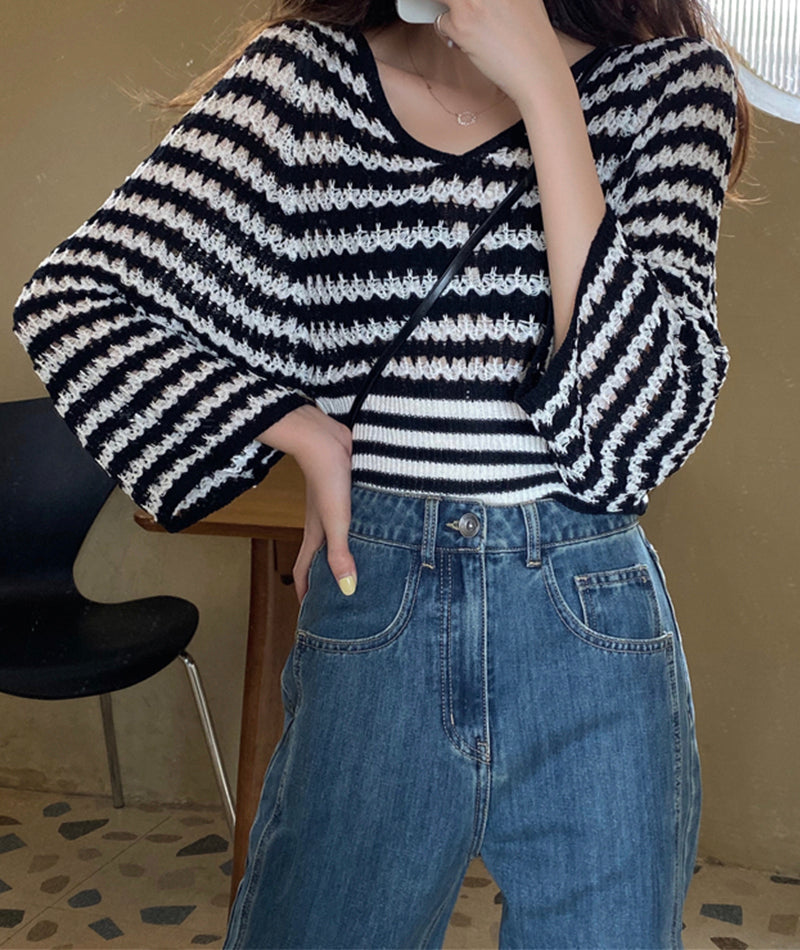 Pull à manches longues rayé noir et blanc, col en V, taille 121