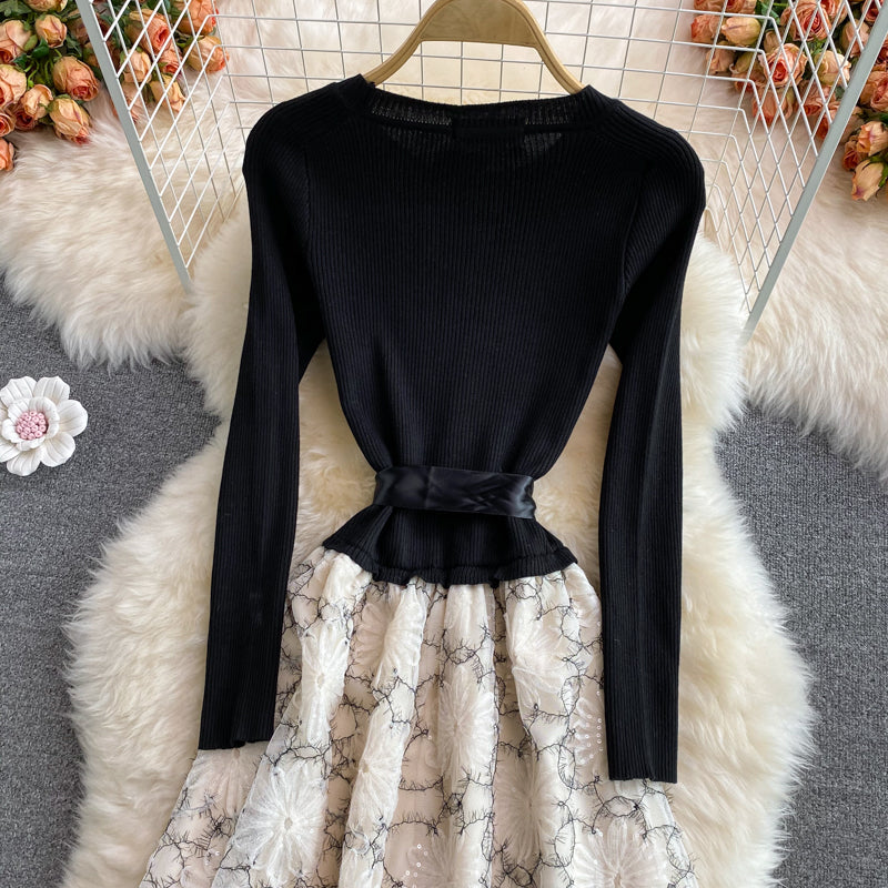 Lovely stitching long sleeve dress 159