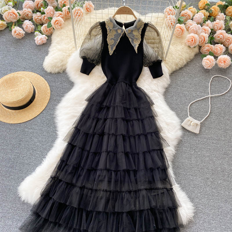 Stylish black A line knitted patchwork dress 160