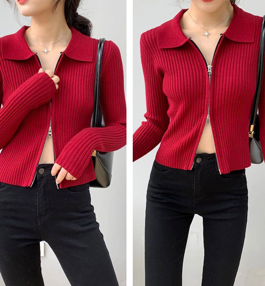 Pull à manches longues zippé à la mode, pull cardigan court 115