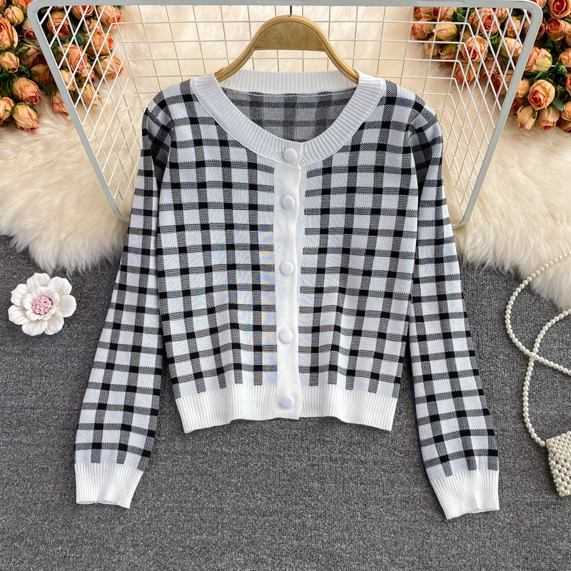 Süßer karierter Langarm-Cardigan-Pullover 141