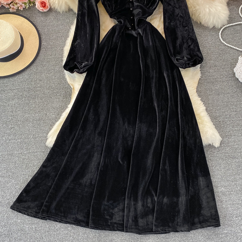V-neck temperament high waist slim velvet dress 3089