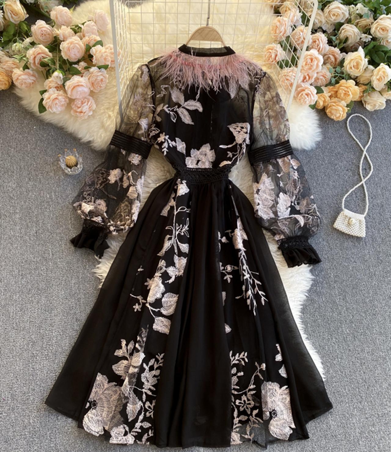 Unique A line embroidery dress black dress 1308