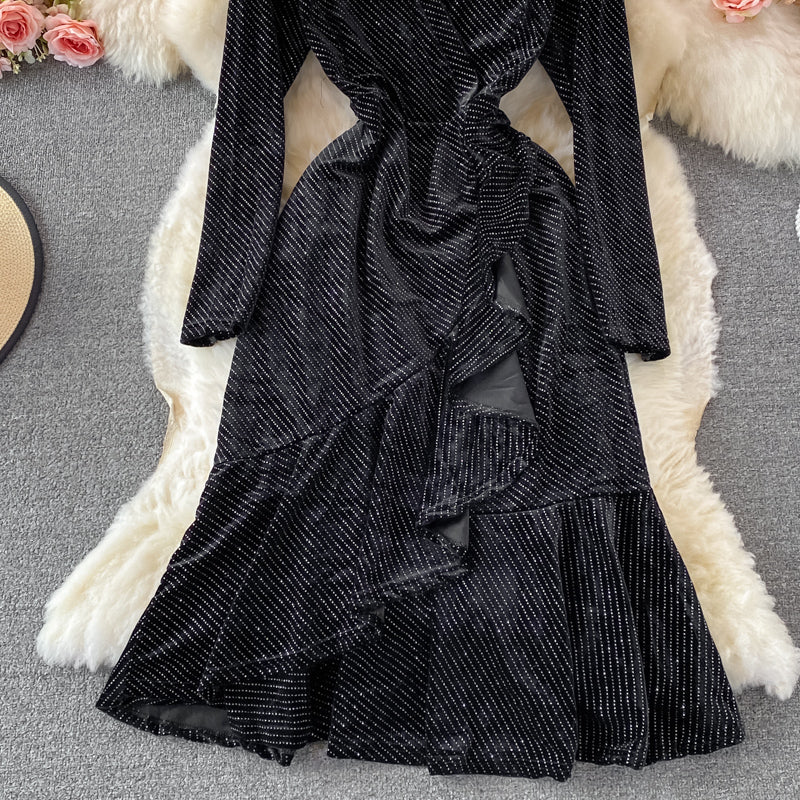Hot diamond V-neck velvet dress fishtail long skirt 3107